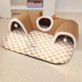 Winter cat tunnel bed with reindeer antlers and checkered mat, multi-size pet sleeping pad. - S / Kitten Exclusive / Three Holes / Brown