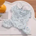 Detailed view of cute striped pet dog clothes with lace collar and adorable bear print, cozy. - XS / Belly Protective Clothes / Blue Puppy