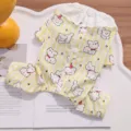 Detailed view of cute yellow striped pet dog four-legged pajamas with lace collar and bears. - XS / Belly Protective Clothes / Yellow Dog