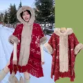 Thickened hooded poncho coat for women, vintage plush collar knit cape with fringe detailing. - Thickened Fur Collar Cape with Christmas Rabbit