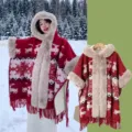 Thickened fleece hooded red poncho cape with faux fur trim and nordic reindeer winter print - Thickened Fur Collar Cape with Christmas Deer