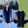 Gradient faux fur trimmed cape winter warm knit cardigan stylish oversized outerwear for women - Gradient Faux Fur Collar with Slit - Navy Blue