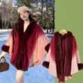 Gradient Faux Fur Trimmed Shawl Cape Winter Plus Size Knitted Cardigan Coat Outerwear - Gradient Faux Fur Collar with Slit - Wine Red