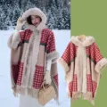 Thickened plush plaid hooded cape for women, vintage faux fur trim winter cloak and shawl. - Thickened Fur Collar Cape with Christmas Plaid