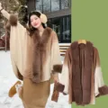 Gradient Faux Cashmere Cape Cardigan Women Winter Thickened Warm Shawl Coat Outerwear - Gradient Faux Fur Collar with Slit - Coffee Camel