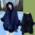 Women's winter faux fur hooded cape long cozy dark blue cloak stylish warm outerwear - Navy Blue