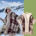 Thickened plaid hooded cape with plush collar, winter warm retro women's poncho coat. - Thickened Fur Collar Cape with Red and Beige Plaid