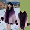 Winter women gradient faux fur hooded cape coat elegant thick warm woolen shawl cardigan. - Gradient Faux Fur Collar with Slit - Purple