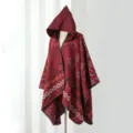 Women ethnic knitted hooded cape shawl, dark red bohemian paisley winter warm cloak. - Small Paisley / Cloak / Red