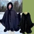 Black hooded faux fur trim cape cloak for women, elegant winter warm poncho outerwear. - Black