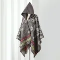 Knit hooded poncho shawl ethnic style variant color autumn winter cozy warm cape outerwear - Small Paisley / Cloak / Gray