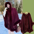 Women's faux fur hooded winter cape warm elegant burgundy cloak coat for ladies - Burgundy