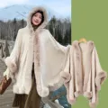 Women winter hooded faux fur cape knitted poncho beige elegant warm outerwear variant - Beige