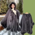 Women winter faux fur hooded cape dark grey elegant long cloak warm winter outerwear - Dark Gray