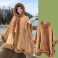Women winter faux fur hooded cape warm elegant cloak stylish brown outerwear fashion coat - Camel