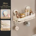 Bathroom suction shelf punch free wall mounted storage rack with towel hooks 30cm - Single Layer with Hooks / 30cm / Milk White