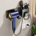 Support mural pour sèche-cheveux en aluminium organisateur de rangement de salle de bain - Support Sèche-Cheveux Avec Grille De Rangement / Gris Fusil