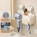 Support mural sans perçage pour sèche-cheveux avec panier de rangement en acier blanc cassé. - Blanc Lait Amélioré avec Gobelet