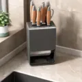 Countertop kitchen knife holder storage rack set with wooden handle stainless knives. - Gunmetal Countertop