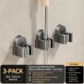 Suction Mop Broom Holder, Gun Grey ABS Silicone Wall Mount Hanger, 3 Pack Storage Clip - 3 Piece Set / Luxury Grey