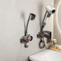 Suction hair dryer holder, punch-free wall mount bracket for bathroom storage and organization. - Walnut Grain With Nozzle Bracket / 2 Pieces/Pack / Gunmetal Gray