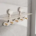 Cream white wall mounted suction cup storage shelf with 5 wooden hooks for bathroom use - Wavy Mushroom Head 5 Hooks / Creamy White