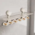Wall-mounted suction cup storage shelf with hooks for bathroom and kitchen organization - Wavy Mushroom Head 6 Hooks / Creamy White