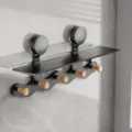 Gunmetal Wall-Mounted Suction Cup Storage Rack with 5 Wooden Hooks for Bathroom and Kitchen - Wavy Mushroom Head 5 Hooks / Gunmetal Gray