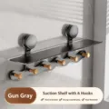 Gun gray suction cup shelf with 6 hooks and top storage tier for bathroom organization. - Wavy Mushroom Head 6 Hooks / Gunmetal Gray