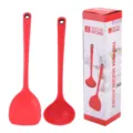 Red silicone kitchen utensil set with spatula and soup ladle, durable and heat resistant cookware. - Set / Red