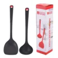 Non-stick silicone kitchen spatula and soup ladle set, heat-resistant cooking utensils 2pcs - Set / Black