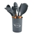 Set di utensili da cucina in silicone manici in faggio supporto grigio scuro variante - Grigio