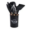 Set di utensili da cucina in silicone con manici in legno resistenti al calore. - Nero