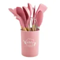 Set di utensili da cucina in silicone rosa con manici in legno e supporto per. - Rosa