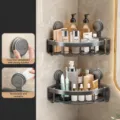 Gun-gray dual-layer bathroom corner shelf with suction cup, punch-free wall-mounted shower organizer. - Double Tier Triangular Basket / Gunmetal Gray