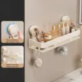 Wall-mounted bathroom storage rack with suction cups, single tier 40cm carbon steel shelf. - Single Layer with Hooks / 40CM / Milk White