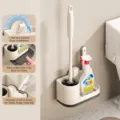 Wall-mounted toilet brush holder set, cream color ABS, with drawer drain tray and gap brush. - Upgraded with Drainage Tray & Extended Silicone Handle / Creamy White