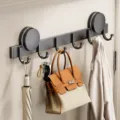 Punch-free suction cup wall hook rail, 6-hook coat hanger for bathroom and door back storage. - 6 Hooks / Gunmetal