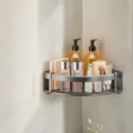 Space aluminum bathroom corner shelf, single tier gray shower caddy for wall storage. - Single Tier Triangular Basket / Gunmetal Gray