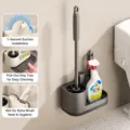 Gun grey wall-mounted toilet brush holder set with drainage tray and gap cleaning brush. - Upgraded with Drainage Tray & Extended Silicone Handle / Gunmetal Gray