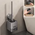 Grey wall-mounted toilet brush holder with drawer drip tray and removable cup for bathroom. - Suction Toilet Brush Set / Gunmetal