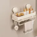 Suction bathroom shelf wall mounted storage rack with towel bar and hooks for shower room - Single Layer with Hooks and Bar / 30cm / Milk White
