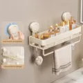 40cm einlagiges Saugnapf Badregal aus Kohlenstoffstahl Wand Handtuchhalter Organizer - Einzelne Schicht mit Haken und Stange / 40CM / Milchweiß