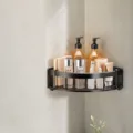 Bathroom corner shelf shower caddy wall mounted aluminum storage organizer for shower room. - Single Tier Triangular Basket / Black