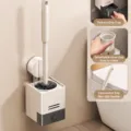 Wall-mounted toilet brush with holder, silicone handle and drip tray for bathroom. - Silicone Handle Suction Toilet Brush Set / Cream