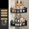 Black double layer bathroom corner shelf, punch-free wall mounted shower storage organizer. - Double Tier Triangular Basket / Black