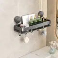 Stalen badkamer wandrek met zuignap douche organizer van koolstofstaal met praktische haken - Einzelne Schicht mit Haken / 40CM / Gunmetal Grau