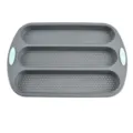 Grey silicone baguette baking mold with 3 perforated slots and green handles for oven use. - 3-Hole Baguette Mold