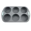 Grey 6-hole perforated silicone burger and muffin baking pan with handles for oven use - 6-Hole Burger Mold