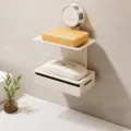 Wall Mounted Suction Cup Soap Holder Double Layer Bathroom Sponge Drain Rack Space Aluminum - Double Layer / Cream White - Double Layer